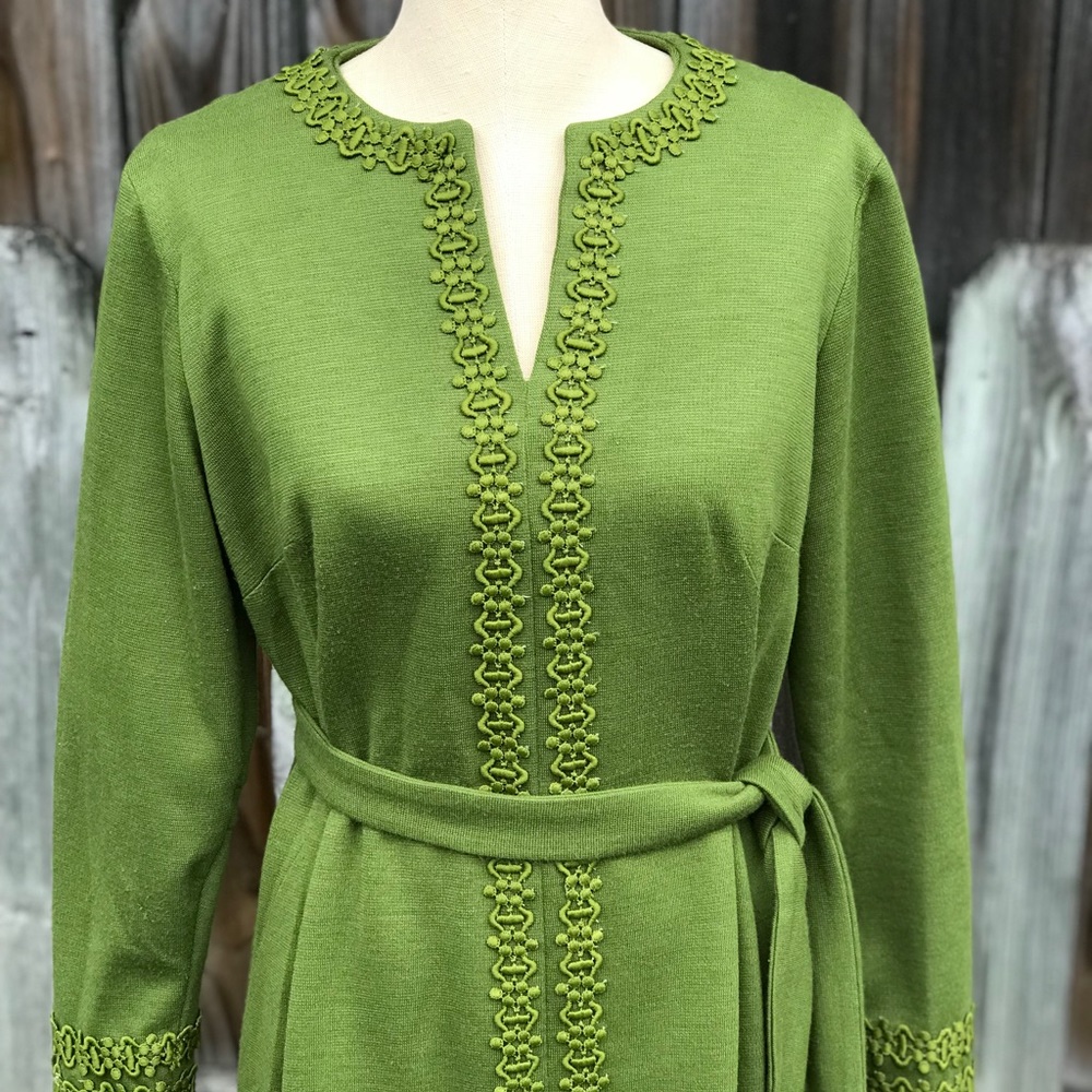 Hand-made, vintage slit-neck, green maxi dress
